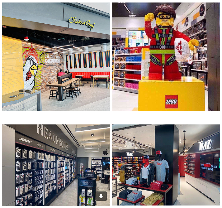 Chicken Guy! from celebrity chef Guy Fieri and Earl Enterprises (top left), LEGO® (top right), InMotion (bottom left), and TMZ (bottom right) are some of the innovative brands that will enhance the guest experience at LAX.