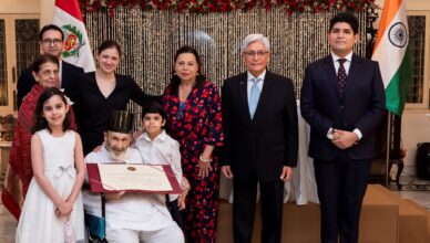 Mr Ardeshir B. K. Dubash with his wife and family together with Ambassador Carlos Polo and his wife, Mrs Eva Alvarado and Mr Fabio Subia, First Secretary of the Embassy of Peru in India!