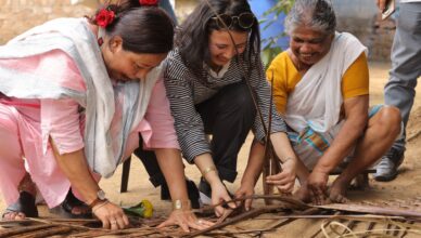 Speakers at the Global Responsible Tourism Summit in Kumarakom near Kottayam join local communities of Maravanthuruthu Water STREET to try a hand in the ethnic activities of the region.