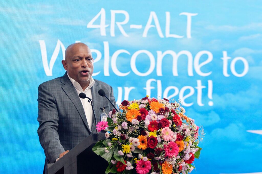 Sri lankan airlines: Sarath Ganegoda, Chairman of SriLankan Airlines, delivers an address to the gathering assembled for the aircraft’s arrival at the hangar.